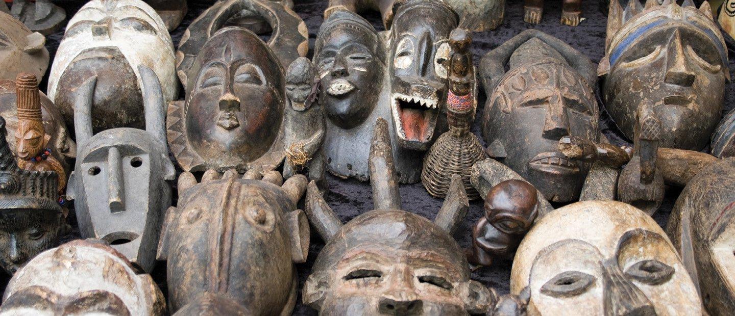 A collection of old mask artifacts.